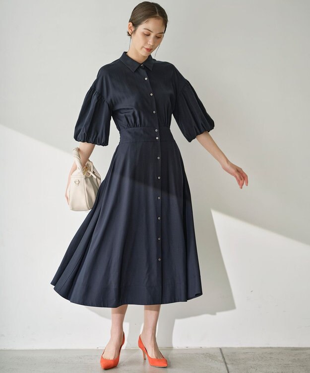 組曲 【WEB限定カラーあり】ボリュームスリーブシャツワンピース ネイビー系