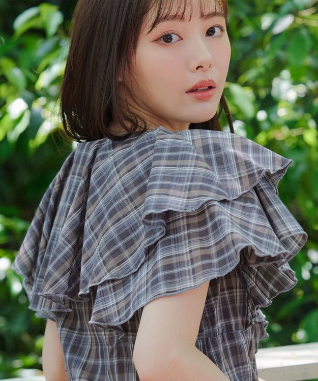 Tiaclasse L 【洗える】チェック柄フリルブラウス ブルーチェック
