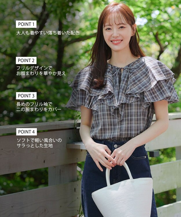 新品タグ付き　オンワード樫山　　　　　　 自由区　ブラウンチェックフリルブラウス 新品タグ付き オンワード樫山 自由区 ブラウンチェックフリル