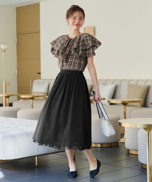 Tiaclasse L 【洗える】チェック柄フリルブラウス ブラウンチェック