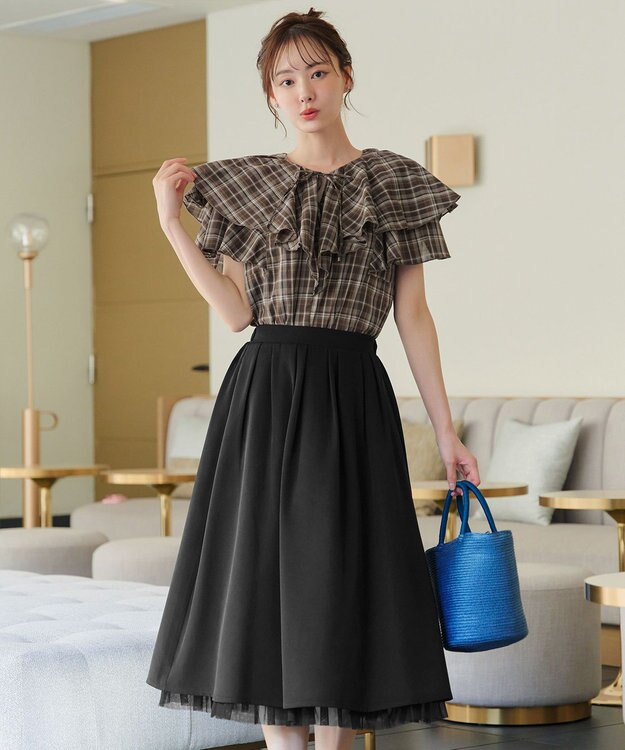 Tiaclasse L 【洗える】チェック柄フリルブラウス ブラウンチェック