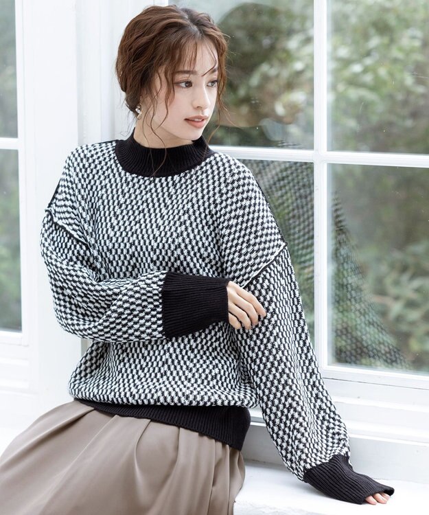 Tiaclasse 【洗える】ジャガード柄プルオーバーニットトップス ブラック