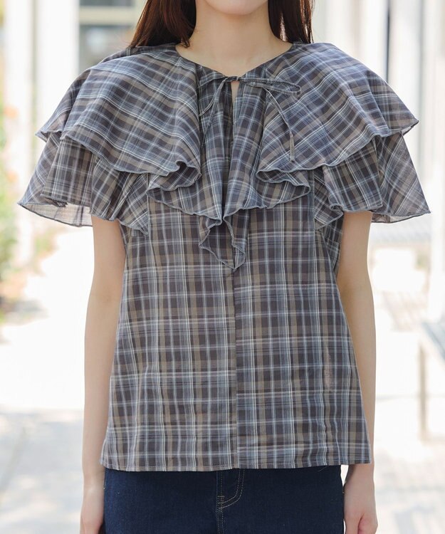 Tiaclasse L 【洗える】チェック柄フリルブラウス ブルーチェック