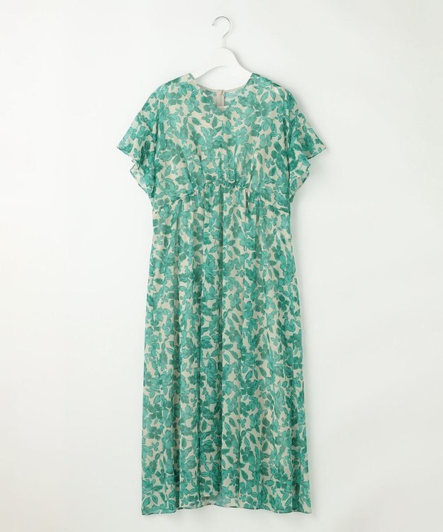 自由区 L ハーバリウムフラワープリントVネック ワンピース ベージュ×エメラルド