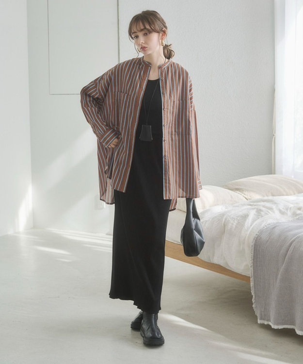 WEGO 着丈が選べる オーバーサイズ バンドカラー シャツ / ストライプ / 無地 柄4