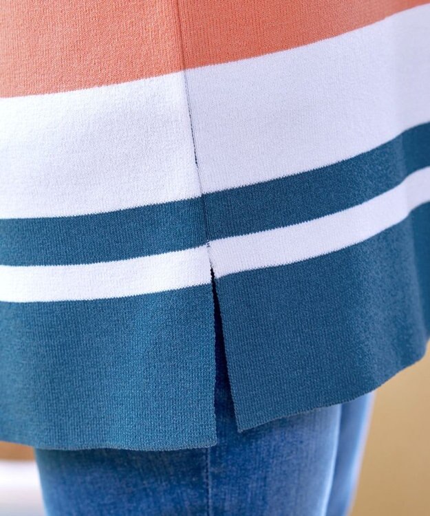 Tiaclasse 【洗える】マルチボーダーフレンチニットチュニック ターコイズ×オフ×コーラル