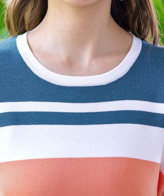 Tiaclasse 【洗える】マルチボーダーフレンチニットチュニック ターコイズ×オフ×コーラル