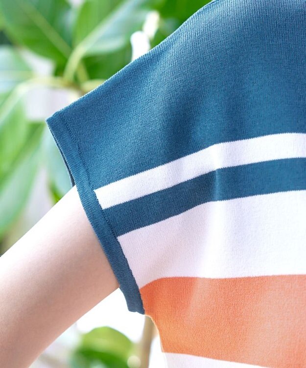 Tiaclasse 【洗える】マルチボーダーフレンチニットチュニック ターコイズ×オフ×コーラル