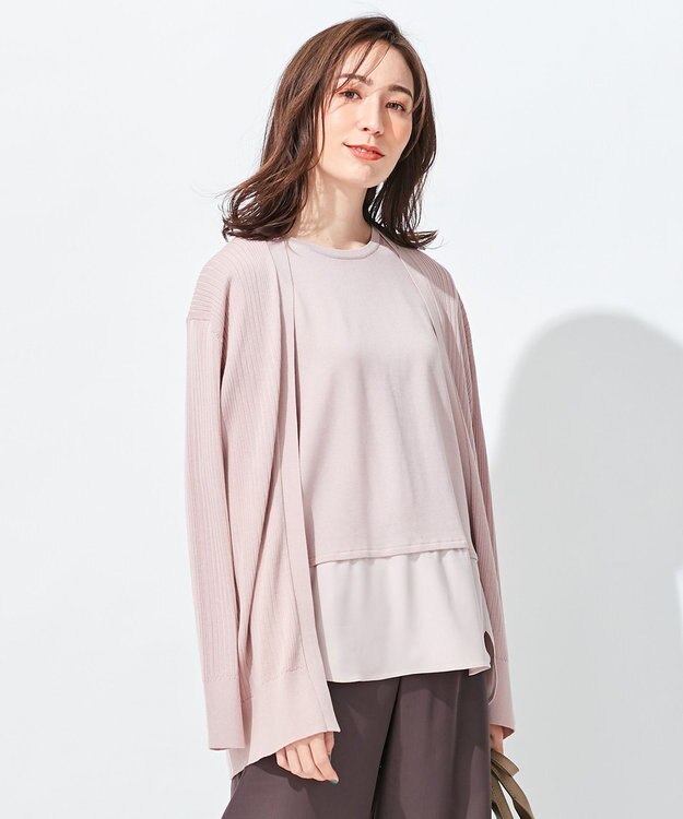 自由区 【洗える】ハイツイストコットンアセテート ニットカーディガン ピンク系