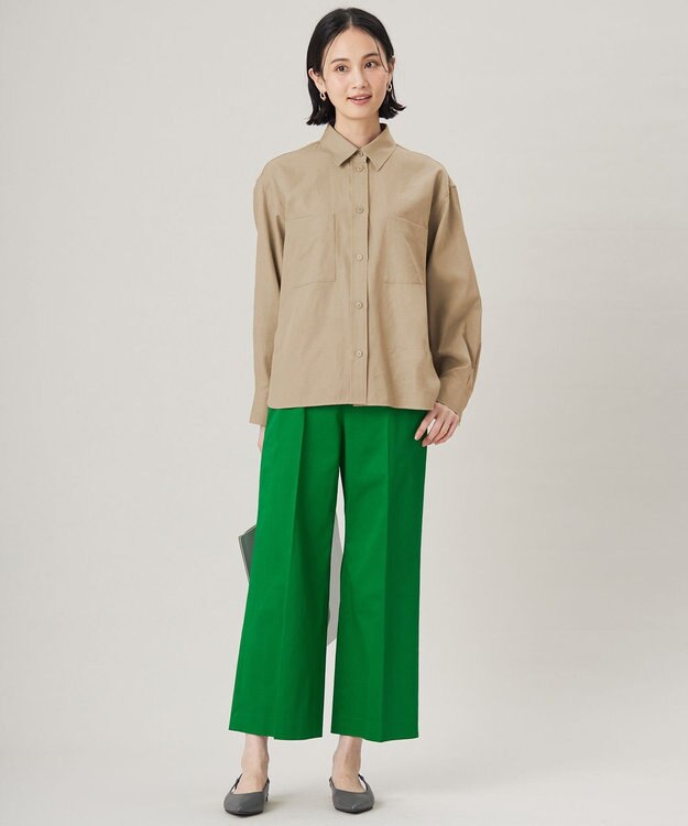 自由区 S 【UVカット・接触冷感・洗える】コットンサテンクロップド丈ワイドストレート パンツ グリーン