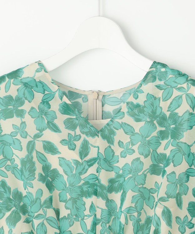 自由区 L ハーバリウムフラワープリントVネック ワンピース ベージュ×エメラルド