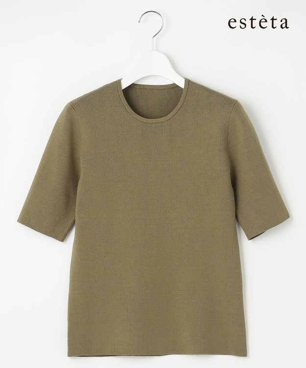 23区 L 【エステータ】コットンシルク 5分袖ニット カーキ系