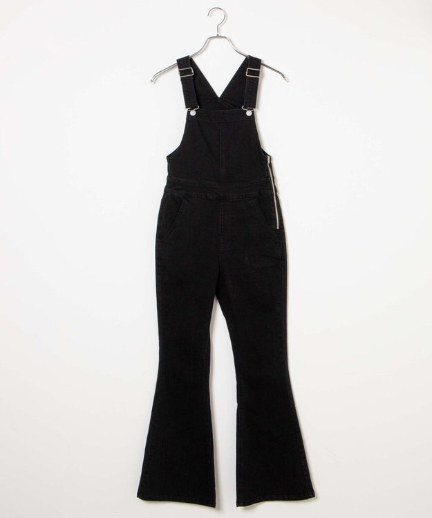 WEGO ハイウエストストレッチフレアデニムサロペット ブラック