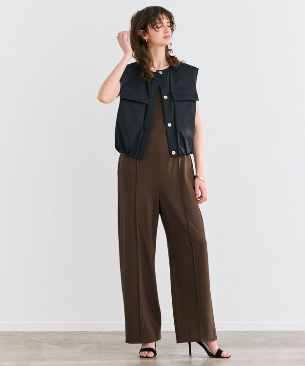 BEIGE， 【洗える】PHILOX / ハイストレッチベアトップオールインワン Brown