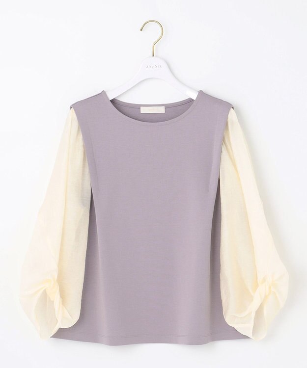 ANY SIS 【洗える】異素材コンビネジリパフ袖 プルオーバー ラベンダー×アイボリー