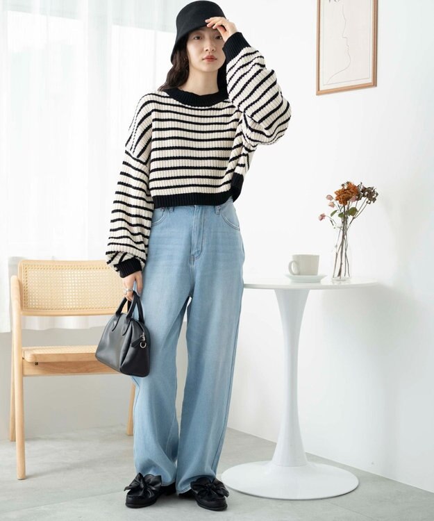 WEGO ボーダーショートニットプルオーバー ホワイトボーダー