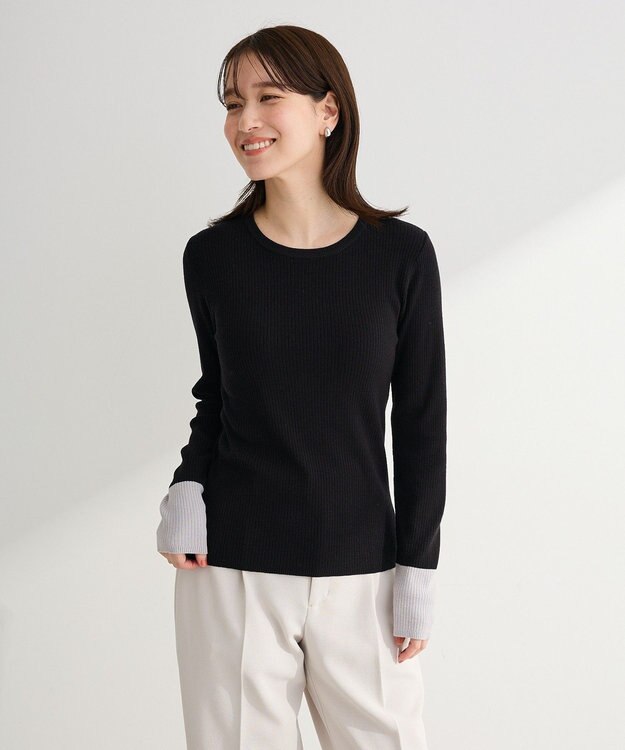 Green Parks アンチピリング袖配色ニットプルオーバー Black