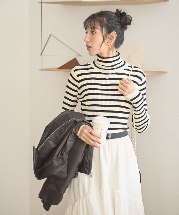 WEGO 【手洗い可】タートルネックニット ホワイトボーダー