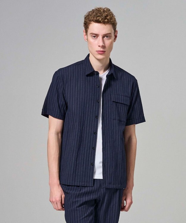 JOSEPH HOMME 【新素材】エアリッジストレッチ ポケット付レギュラーカラー半袖シャツ ネイビー系1