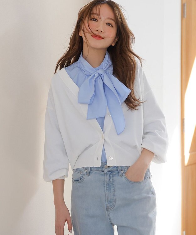 Feroux 【洗える・2WAY】リボンタイチュニック ブラウス スカイブルー系