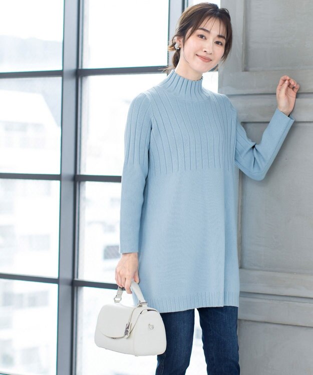 Tiaclasse 【洗える】 もっちり柔らかいハーフリブニットチュニック サックス