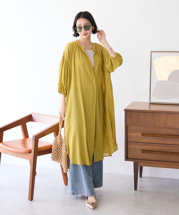 CRAFT STANDARD BOUTIQUE ヴィンテージボイル袖シャーリングワンピース Yellow