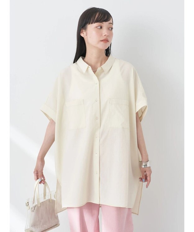 earth music&ecology 配色ステッチＢＩＧシャツ Ivory