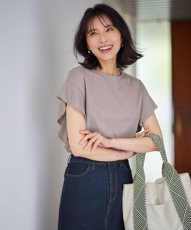 ANY 【接触冷感/UVケア/シワになりにくい】フレアスリーブ TブラウスⅡ グレージュ