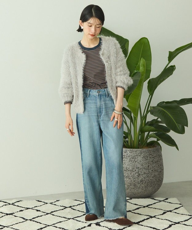 AMERICAN HOLIC シャギーニットクルーネックカーディガン Gray Beige