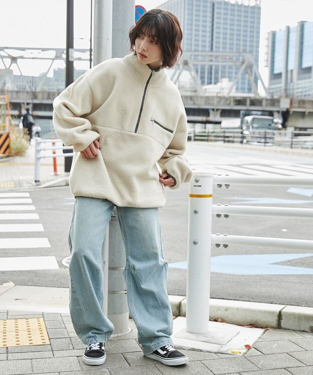 WEGO 【ユニセックス着用】フリース　ハーフZIPプルオーバー ライトベージュ