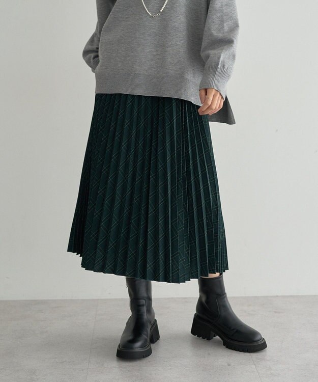 earth music&ecology プリーツミディスカート Check Green