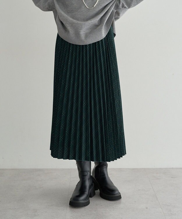 earth music&ecology プリーツミディスカート Check Green
