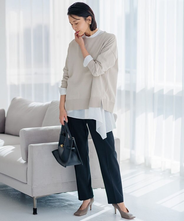 23区 L 【洗える】コットンポリエステルストレッチ オーバーサイズ ニット ベージュ系