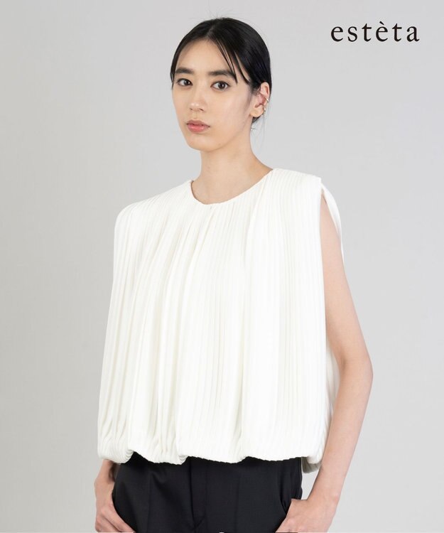 23区 L 【エステータ】ドレープサテン プリーツブラウス ホワイト系