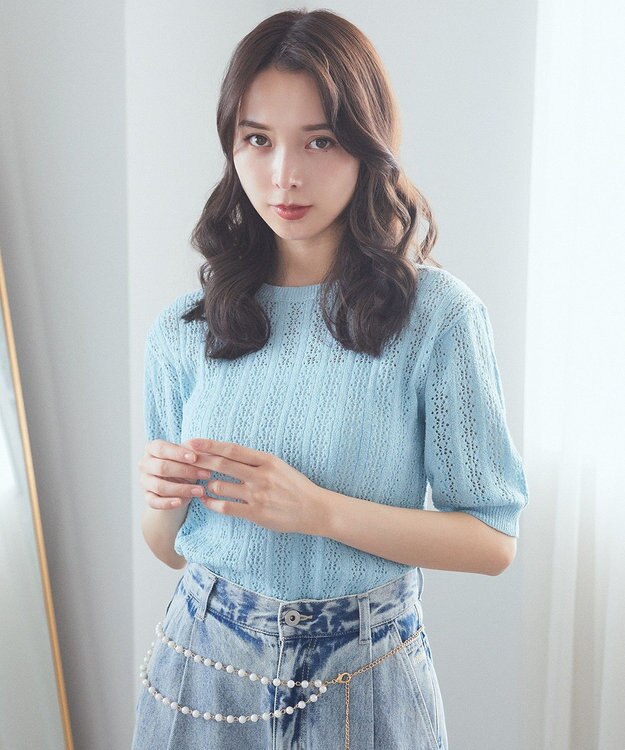 earth music&ecology 透かしニットプルオーバー Light Blue