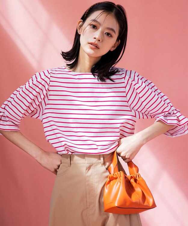 組曲 L 【洗える】プレーティング天竺タックスリーブボーダー カットソー オールドローズ系1