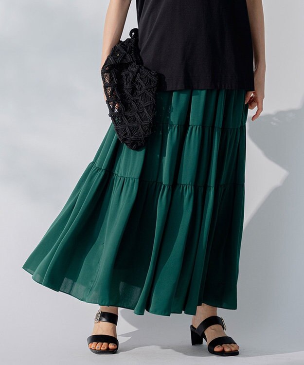 自由区 L 【洗える/着丈調節可】カラー ティアードスカート グリーン系