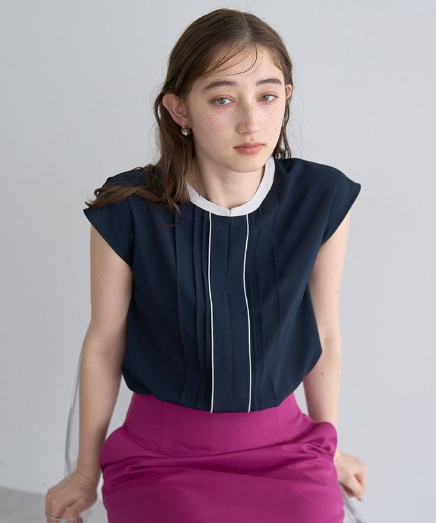 YECCA VECCA 配色タックデザインブラウス Navy