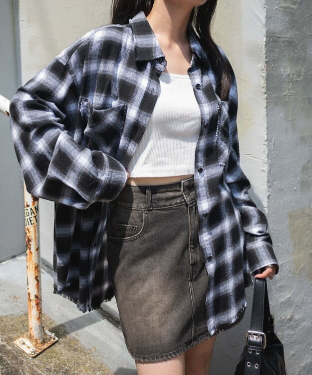 WEGO フリンジチェックBIGネルシャツ ブラックチェック1