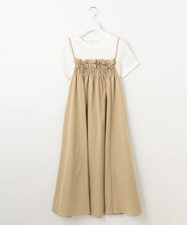 Feroux 【洗える】レイヤード風 ギャザーワンピース ベージュ系