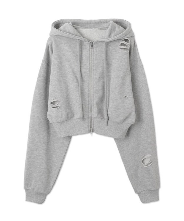 WEGO ダメージショートジップパーカー 杢グレー