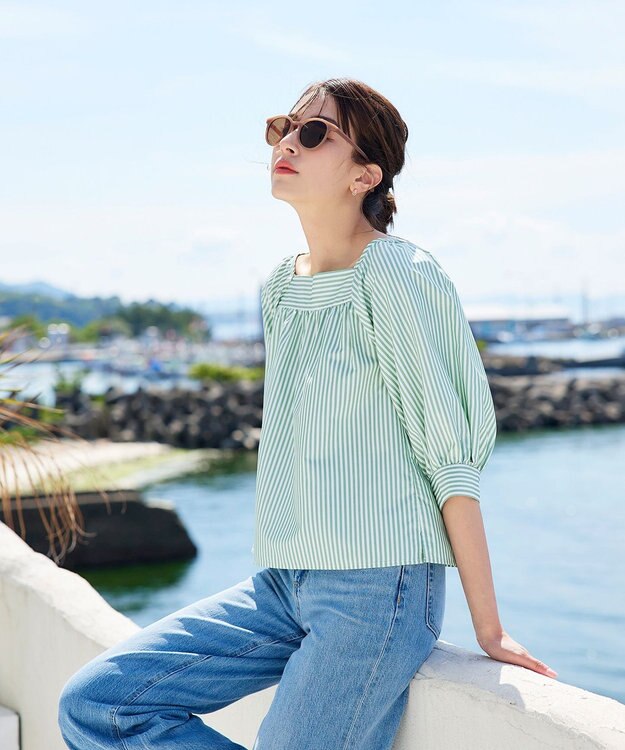 Tiaclasse L 【洗える】ストライプパフスリーブブラウス グリーン