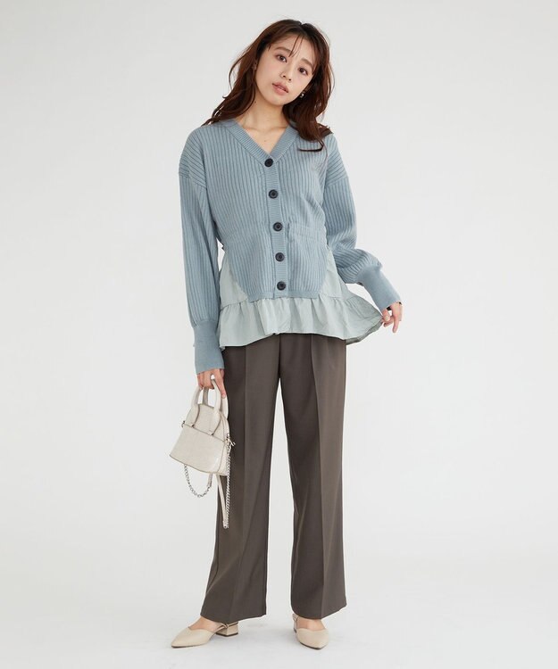 Feroux 【洗える】ペプラム カーディガン ライトグリーン系