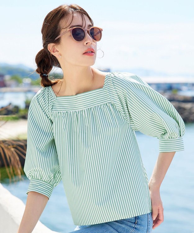 Tiaclasse L 【洗える】ストライプパフスリーブブラウス グリーン