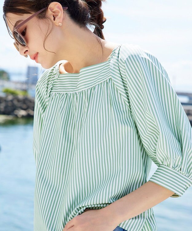 Tiaclasse L 【洗える】ストライプパフスリーブブラウス グリーン
