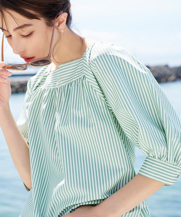 Tiaclasse L 【洗える】ストライプパフスリーブブラウス グリーン