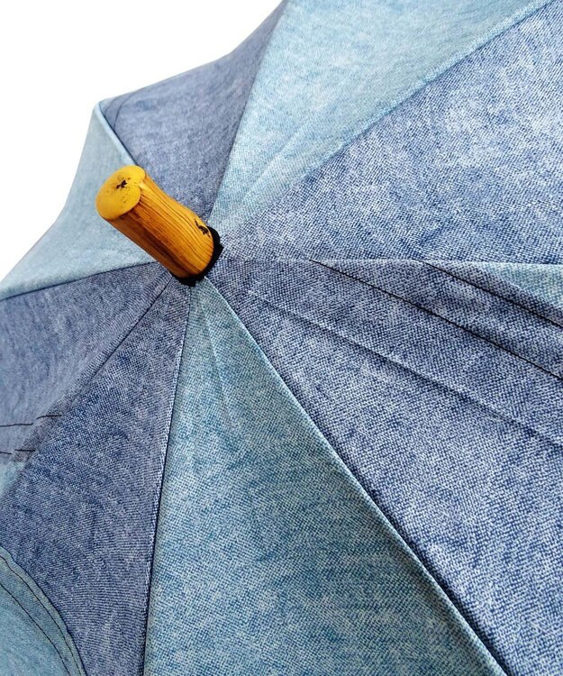 +RING 【限定/日本製】プラスリング 晴雨兼用傘（長ショート）BLU denim-like pattern-chestnut handle SR224 青