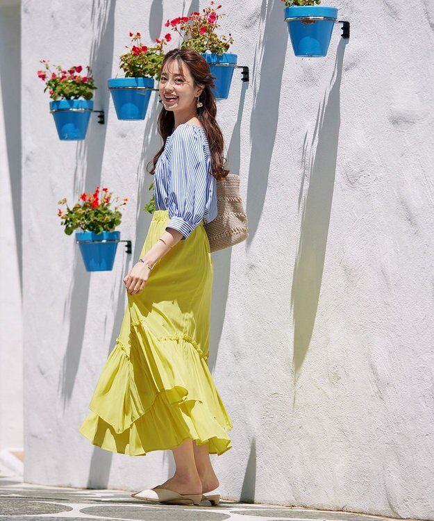 Tiaclasse L 【洗える】ストライプパフスリーブブラウス ブルー