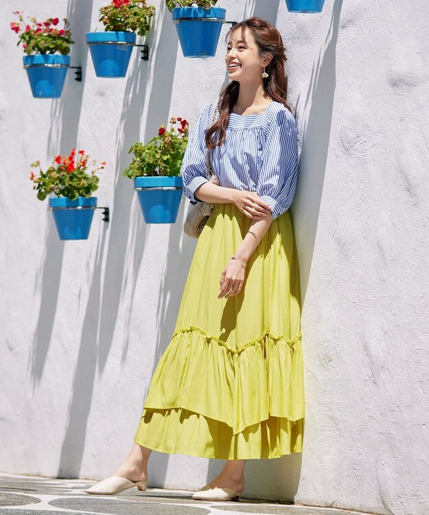 Tiaclasse L 【洗える】ストライプパフスリーブブラウス ブルー