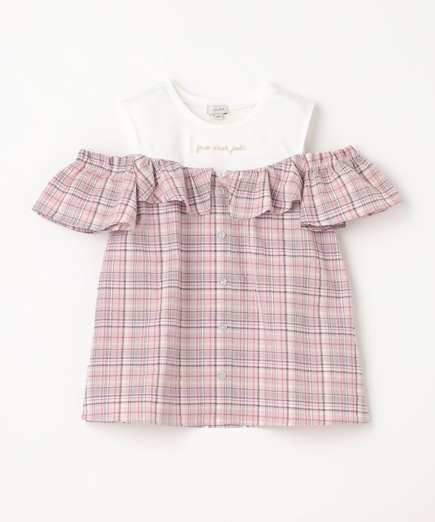 ANY KIDS オフショルダー フリル ブラウス ブラウン系チェック